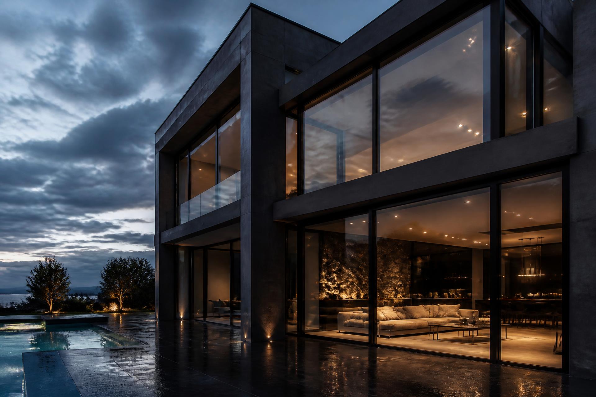 Luxury villa facade with slimline aluminium framed structural glazing at dusk