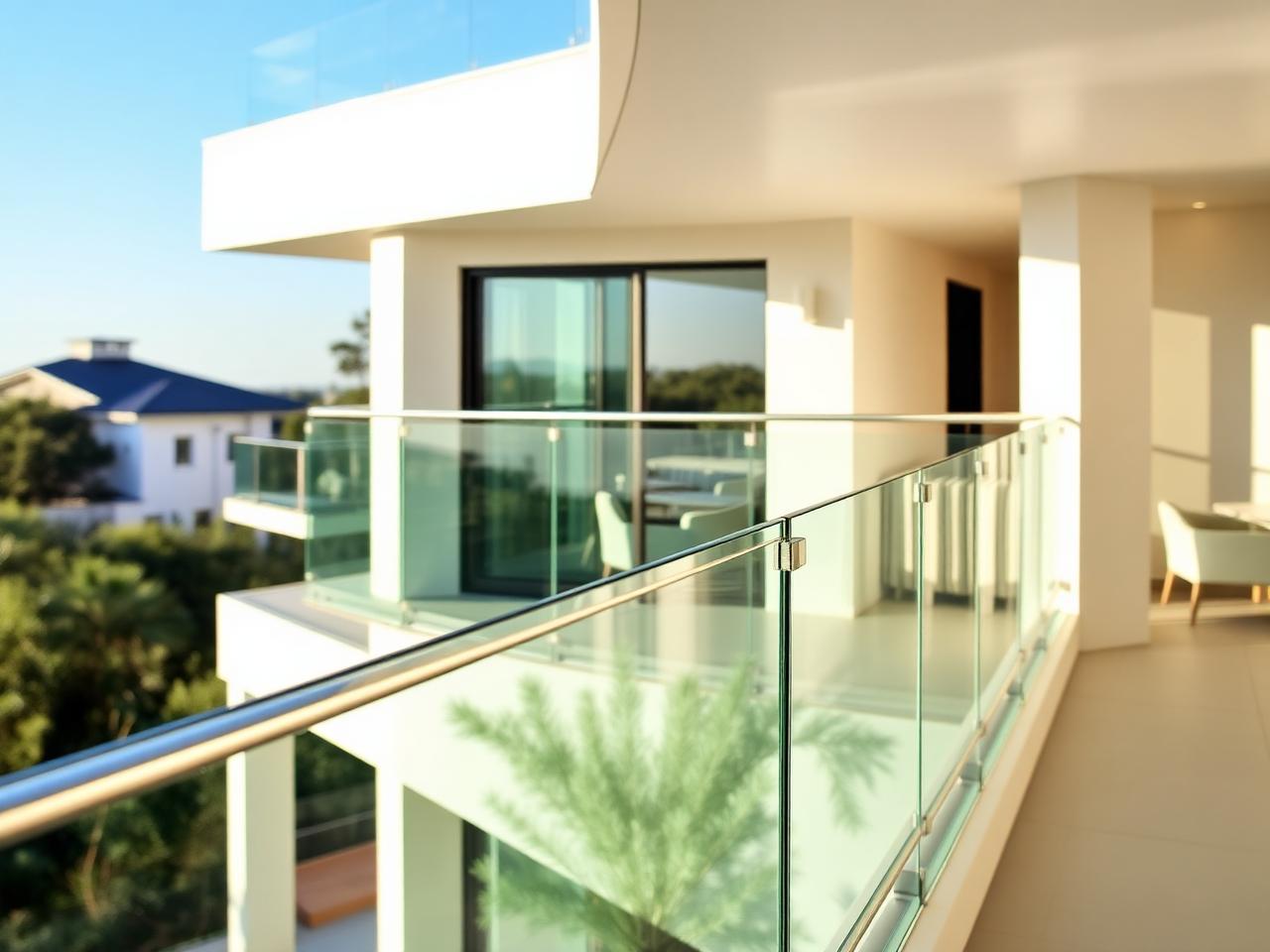 Frameless glass balcony railing with stainless steel handrail