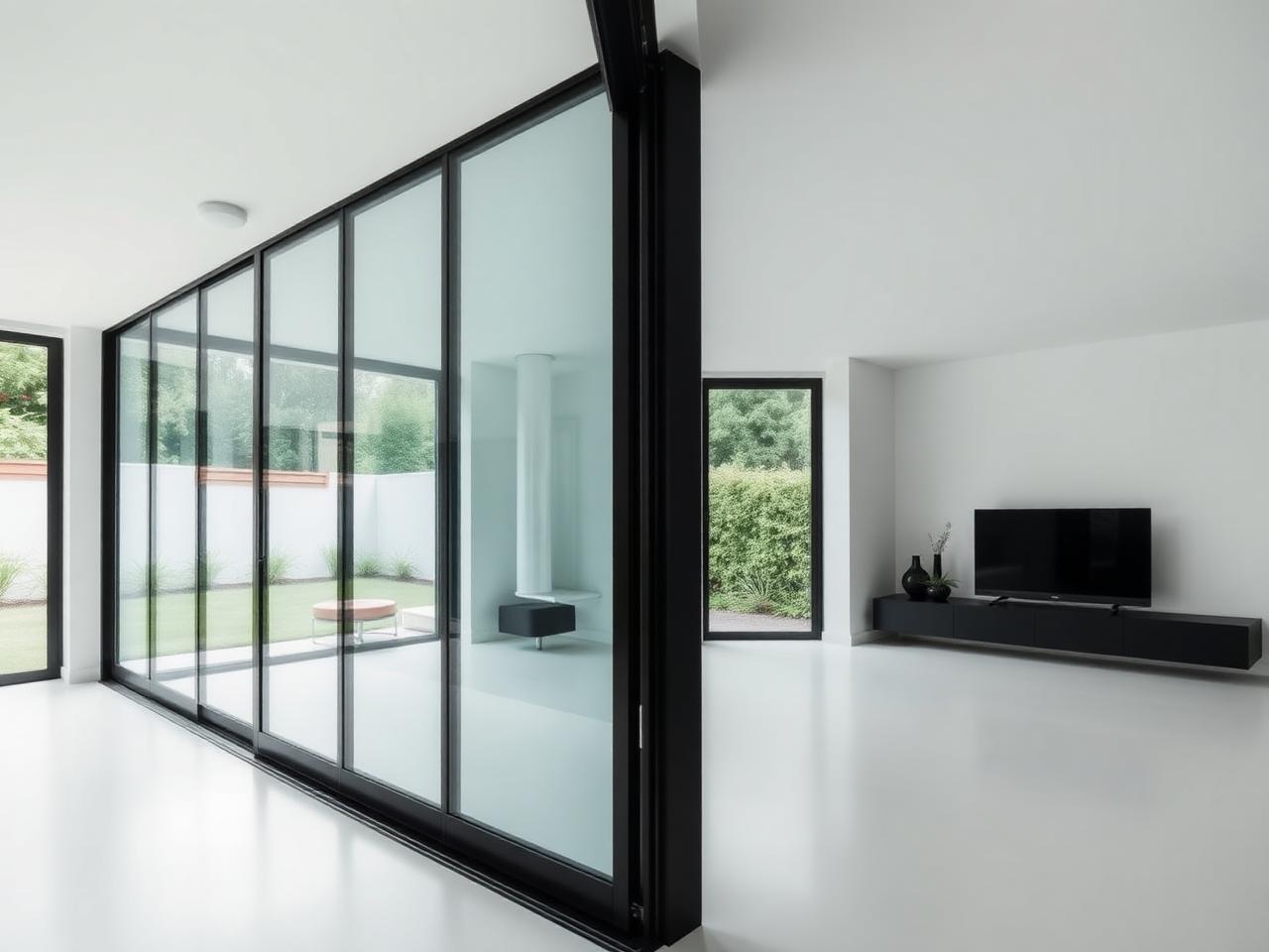 Slimline black aluminium sliding glass doors opening to a garden
